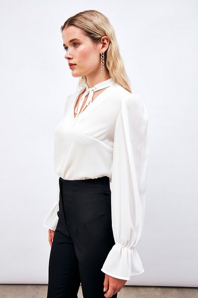 Sateen Casual Blouse with Collar Tie Detail - Ecru