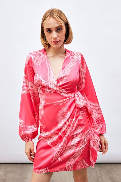 Sateen Fuchsia Double-Breasted Patterned Dress