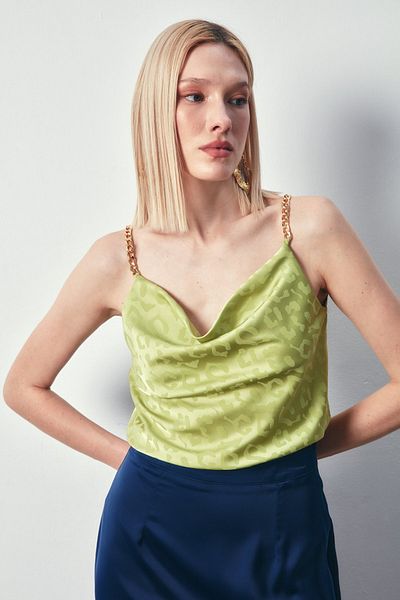 Sateen Chain Strap Satin Blouse - Oil Green