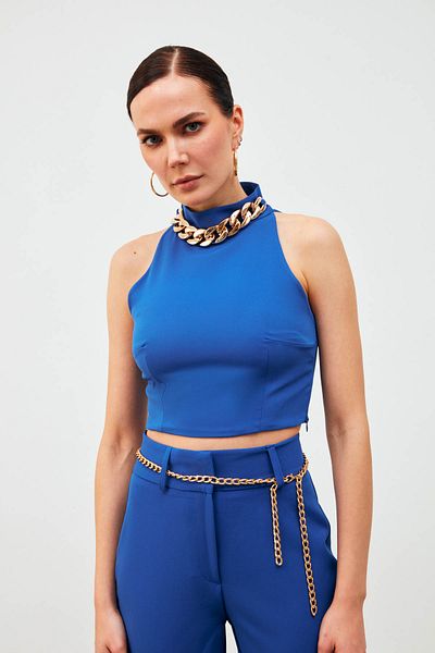 Sateen Crop Blouse with Chain Accessories - Sax Blue
