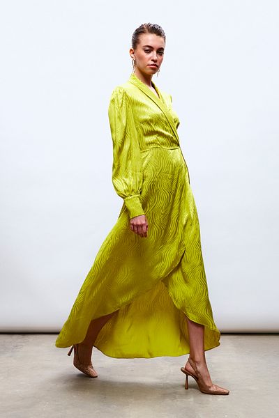 Sateen Double Breasted Patterned Long Dress - Oil Green