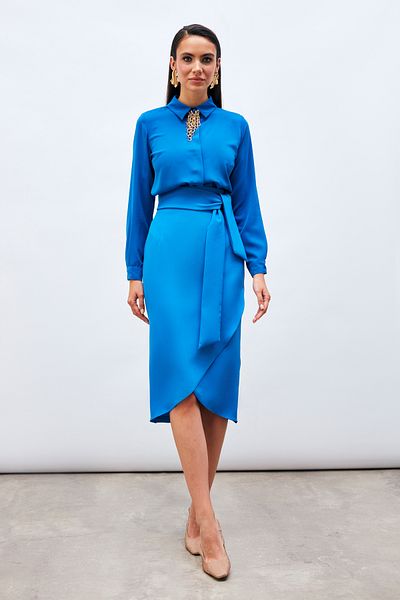Sateen Belted Pencil Skirt - Sax Blue