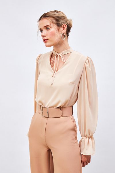 Sateen BEIGE Casual Blouse - Collar Lacing Detail