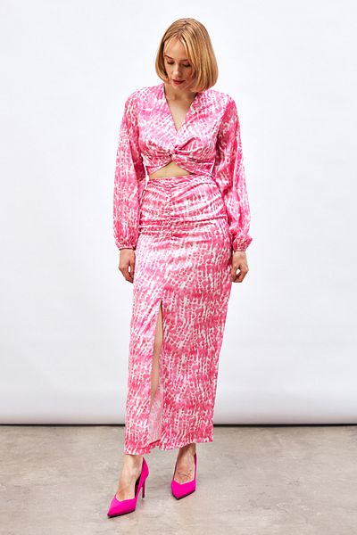 Sateen Patterned Long Skirt with Slit Detail - Pink