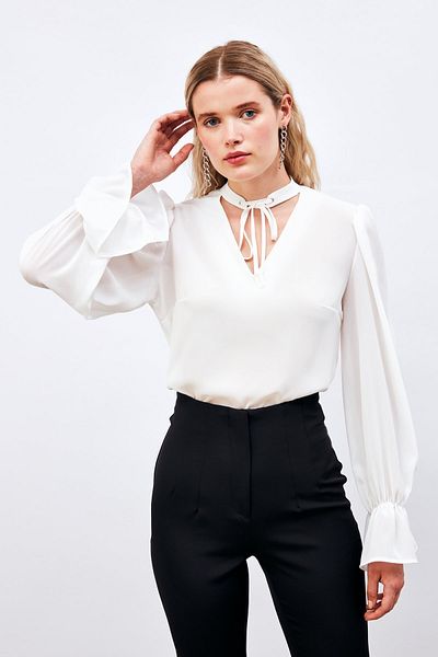 Sateen Casual Blouse with Collar Tie Detail - Ecru