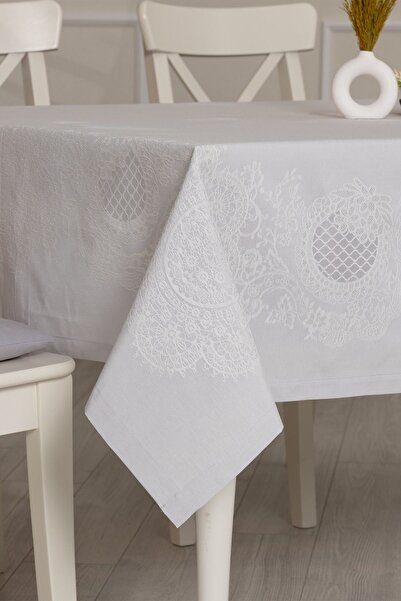 Tropikhome Pano Lace Pamuklu Masa Örtüsü 8 Kişilik 150x220 Cm Masa Örtüsü Gri