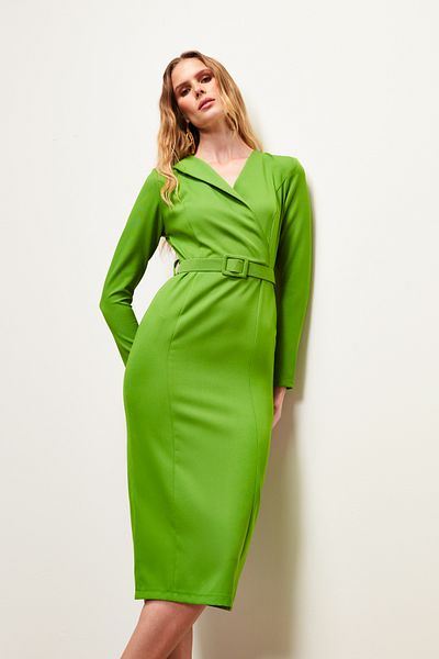 Sateen Belted Pencil Dress - Light Green