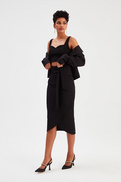 Sateen Belted Pencil Skirt - Black