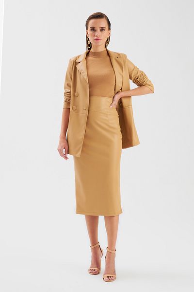 Sateen Leather Pencil Skirt - Beige
