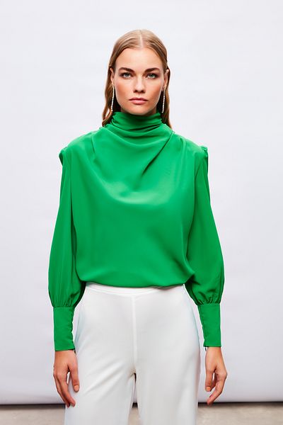 Sateen Drape Detailed Blouse - Green