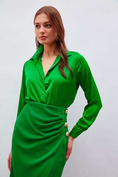 Sateen Shirt Collar Satin Bodysuit Blouse - Dark Green