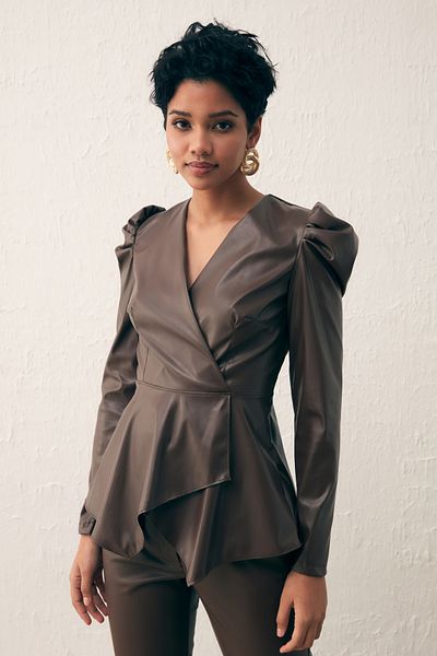 Sateen Double Breasted Leather Blouse - Dark Brown