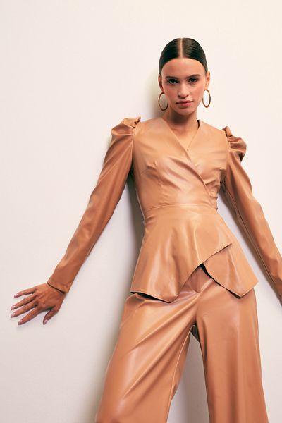 Sateen Beige Double Breasted Leather Blouse