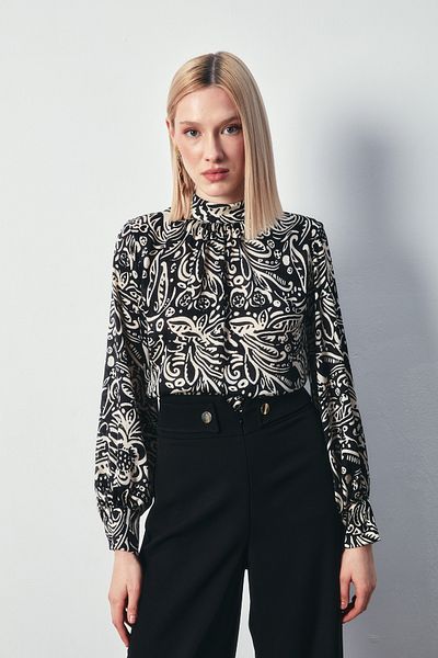Sateen Stand Collar Patterned Blouse - BLACK-BEIGE