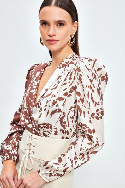 Sateen Patterned Double Breasted Bodysuit Blouse - BROWN