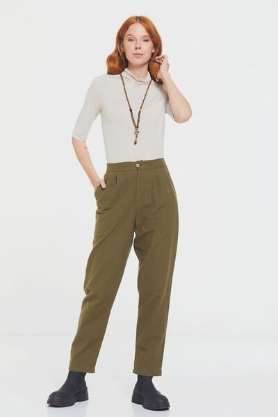 Clandestino Bohem Tarz Yüksek Bel Pamuklu Pantolon Haki