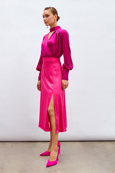 Sateen Slit Satin Skirt - Fuchsia