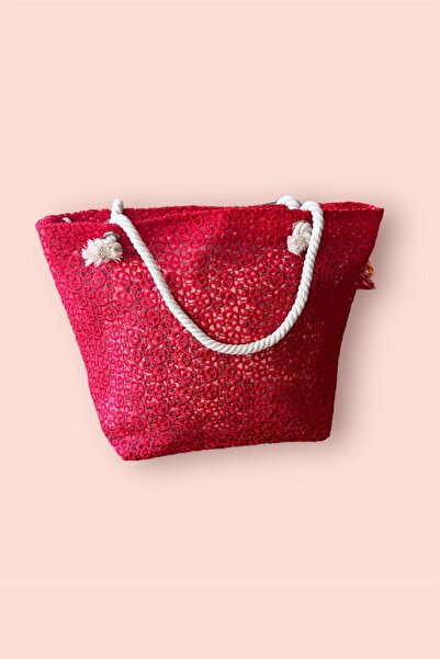 EZMK EV GEREÇLERİ Plaj Çantası Dantel Işleme Kırmızı Renk 58x38 Cm