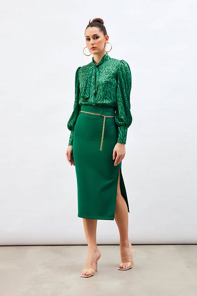 Sateen Pencil Skirt with Chain Belt Emerald