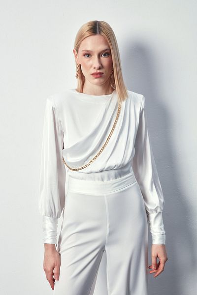 Sateen Front Chain Satin Blouse - ECRU