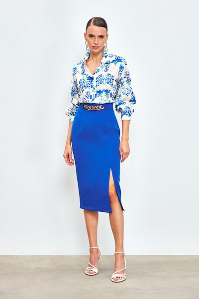 Sateen Front Chain Detailed Skirt - Sax Blue