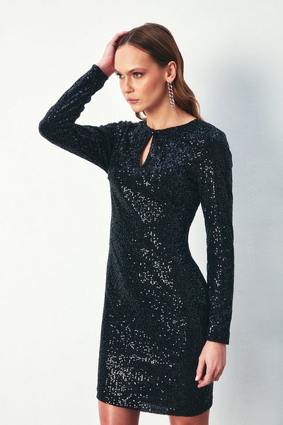 Sateen Rochie cu paiete fara spate - NEGRA