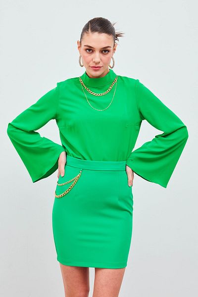 Sateen Mini Skirt with Chain Accessories - Green