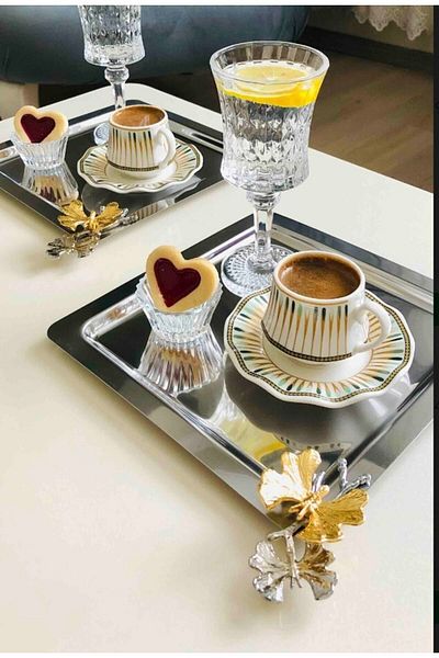 Mineli-Aşk Stainless Steel Square 6-Piece Serving and Presentation Tray with Butterfly Accessory