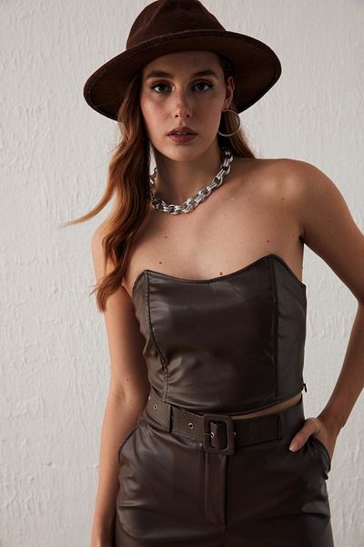 Sateen Leather Strapless Blouse - Dark Brown