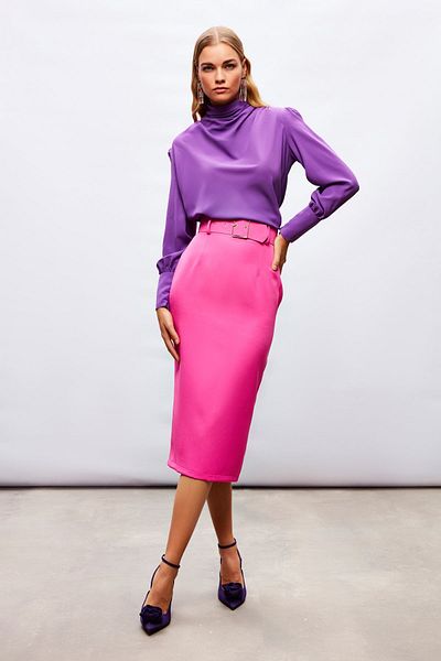 Sateen Fusta creion cu centură fucsia