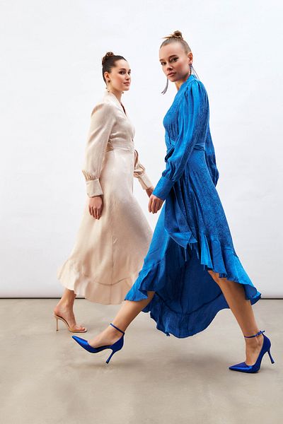 Sateen Jacquard Asymmetrical Dress Sax Blue