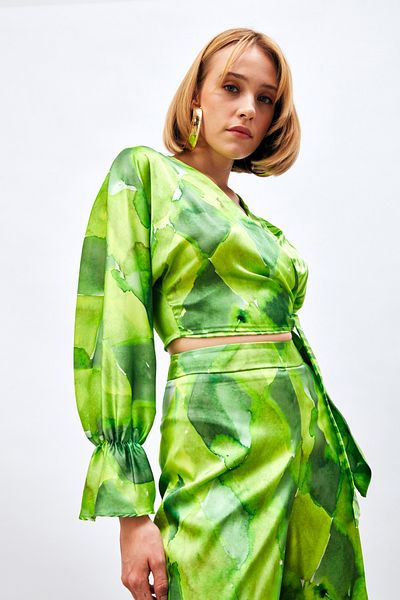 Sateen Patterned Blouse with Side Ties - Green