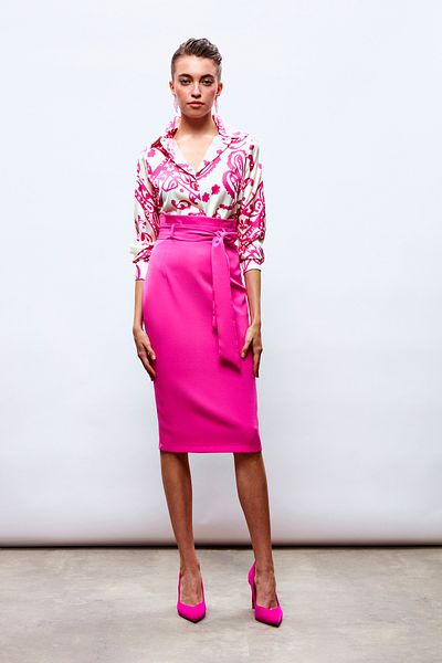 Sateen Belted Pencil Skirt - Pink
