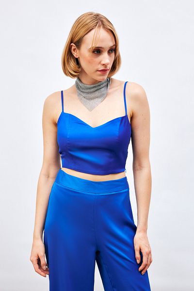 Sateen Rope Strap Satin Crop Blouse - SAX BLUE