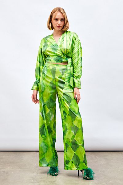 Sateen High Waist Patterned Trousers - Green