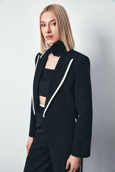 Sateen Short Jacket with Contrast Detail - BLACK