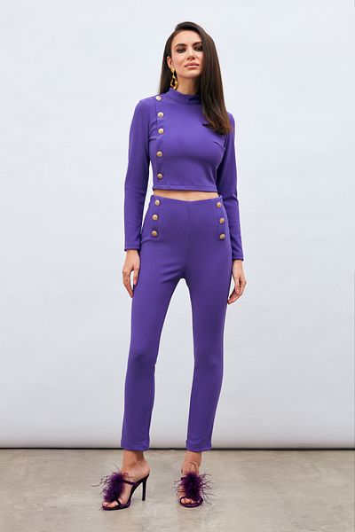 Sateen Button Detailed Trousers - Purple