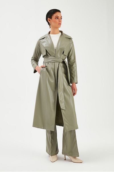 Sateen Leather Trench with Long Belt - Green