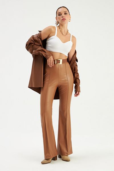 Sateen Flared Leg Leather Trousers - Brown