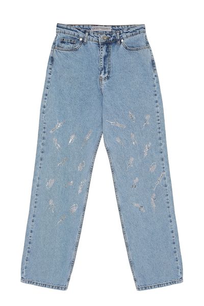 Quzu Pantaloni din denim cu picior largi, cu detaliu în piatră, albaștri