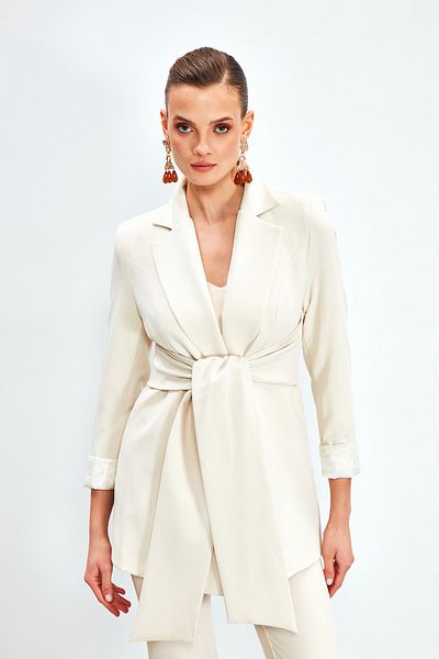 Sateen سترة طويلة مع ربطة خصر - حجر