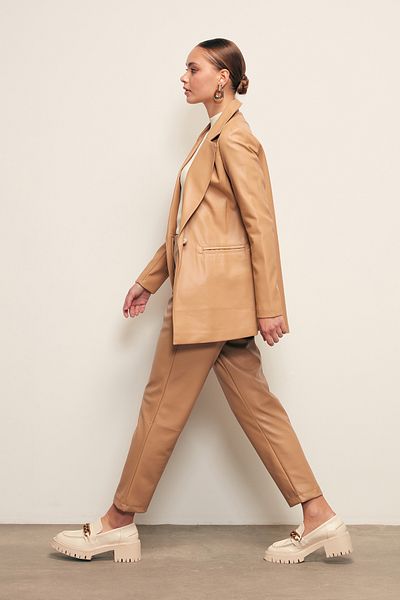 Sateen Pleated Leather Trousers - Beige
