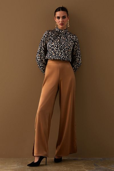 Sateen Slit Detailed Satin Trousers - Camel