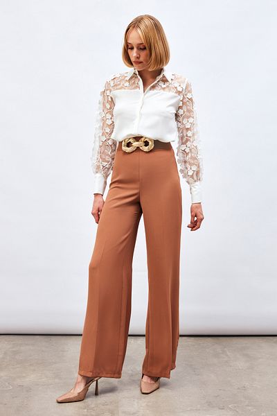 Sateen Loose Crepe Trousers - Camel