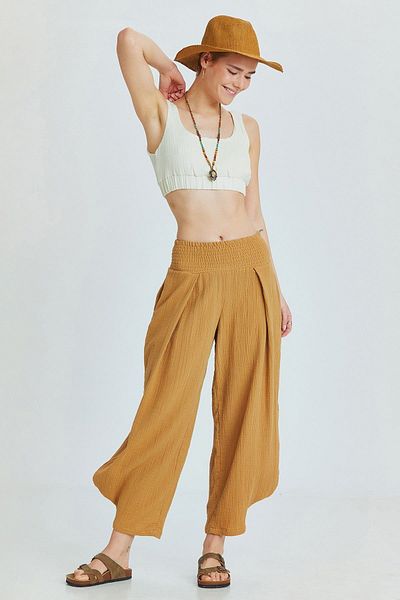 Clandestino Tan Colored Loose Fit Trousers with Guipes and Pockets