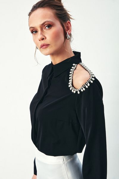 Sateen Cămașă neagră cu un singur umăr