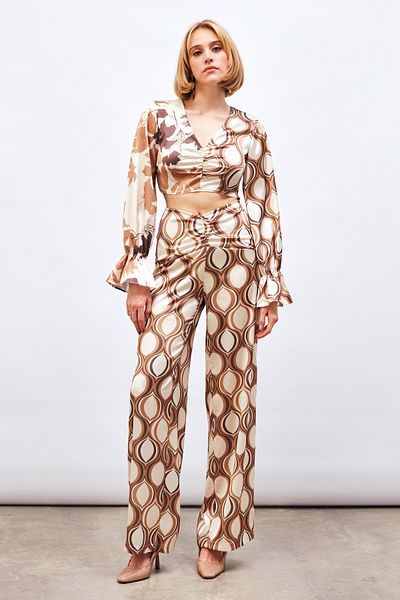 Sateen Camel Patterned Loose Trousers - Front Drawstring