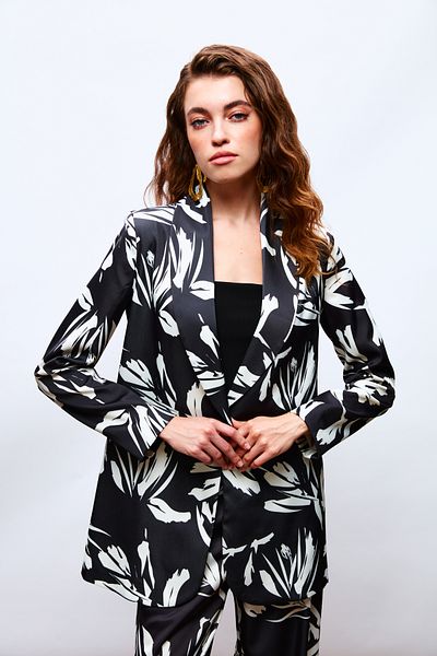 Sateen Patterned Casual Satin Jacket - BLACK