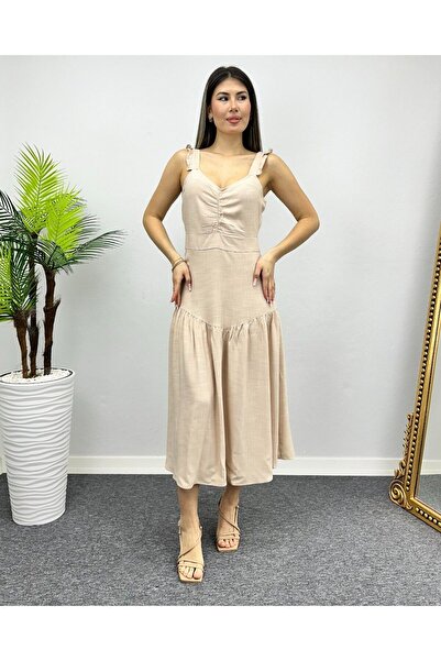 deqfashion Kadın Bej Askılı Keten Midi Boy Elbise