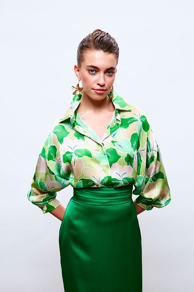 Sateen Floral Patterned Casual Shirt - GREEN-OIL GREEN